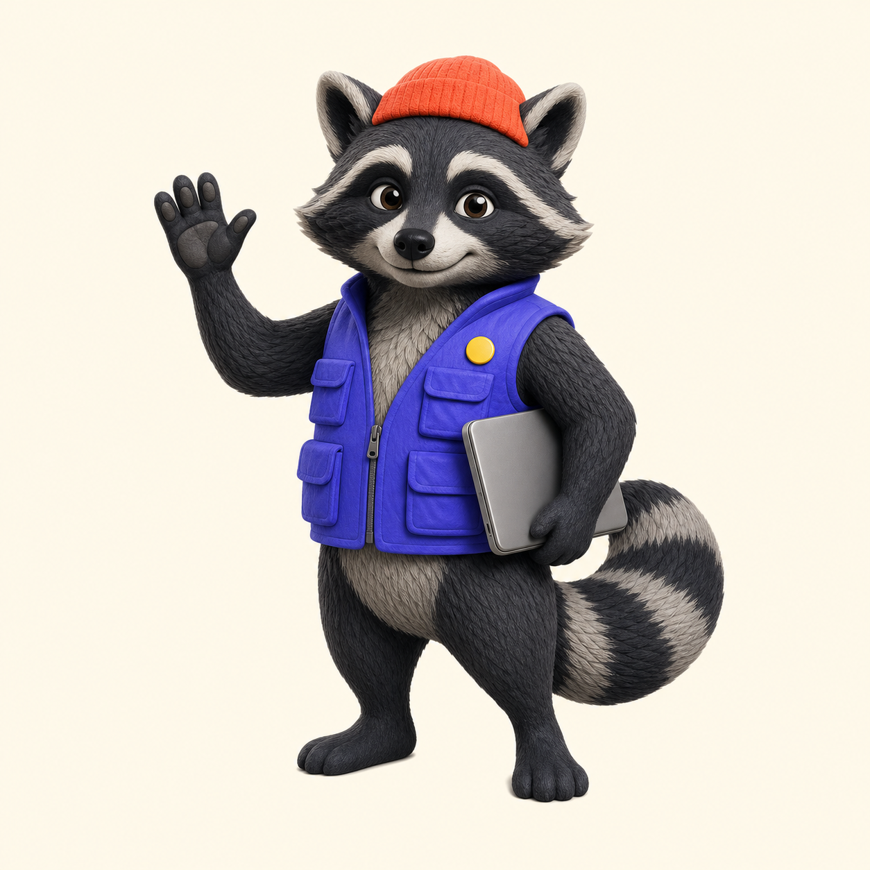Patch, the hackathon.network raccoon mascot, waving with a laptop
